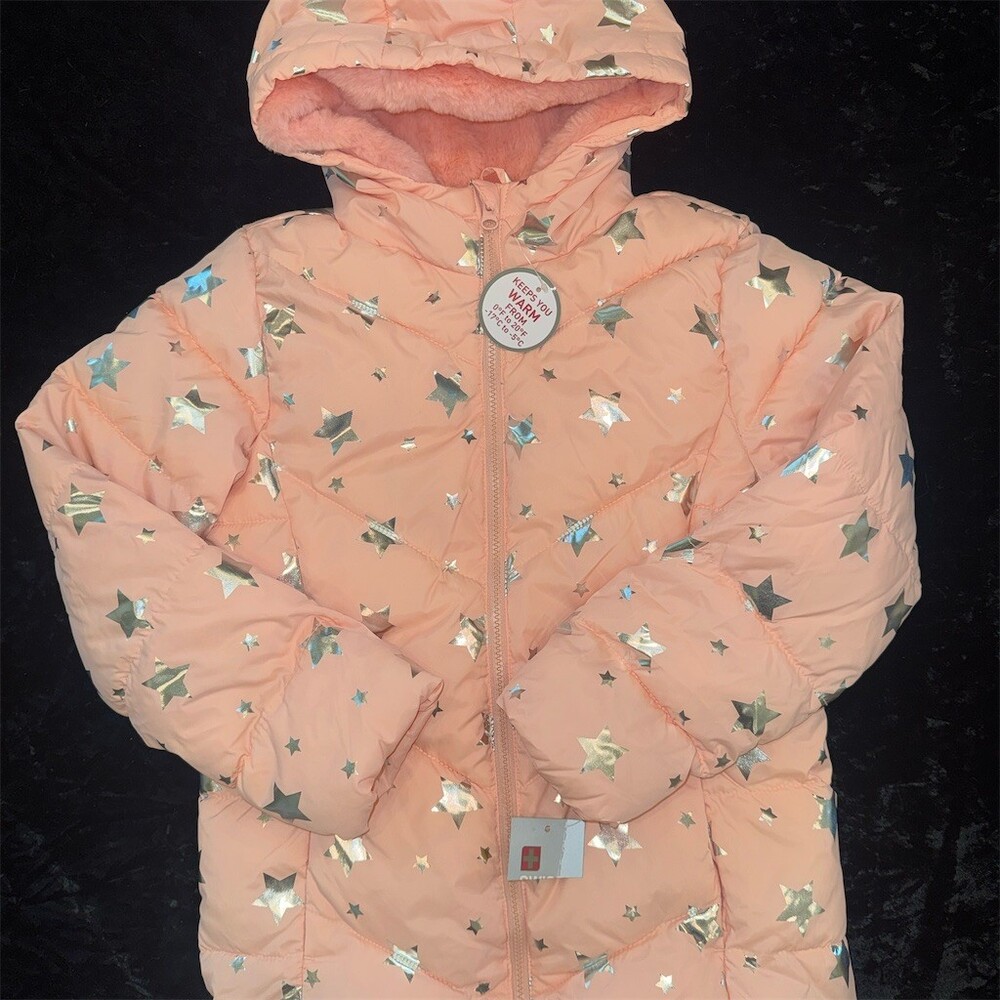 Swiss Tech Girls Puffer Jacket Pink Metallic Star Print Hooded Size L